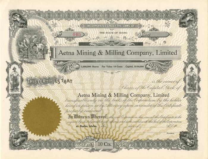 Aetna Mining and Milling Co., Limited - Stock Certificate